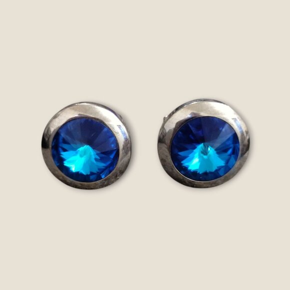 Vintage Silver Cufflinks With Blue Sapphire-Like Stones - Picture 1 of 5